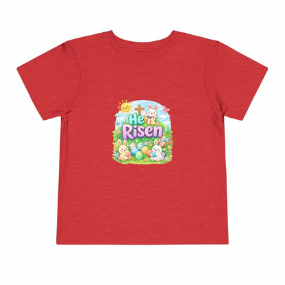 He Is Risen toddler tee with Easter bunny and cross design for kids