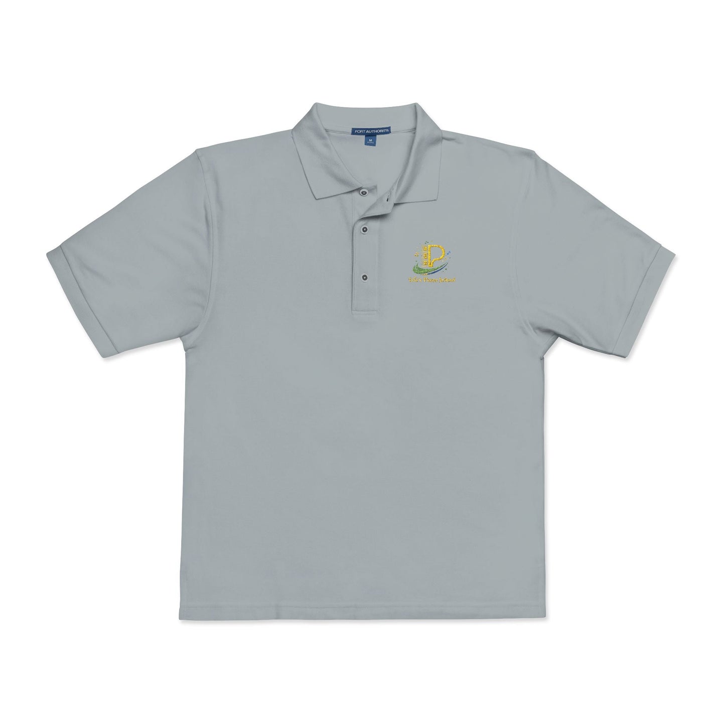 Embroidered Crest Polo Shirt with lightweight pique fabric, flat knit collar, metal buttons, and subtle chest logo for casual and office wear
