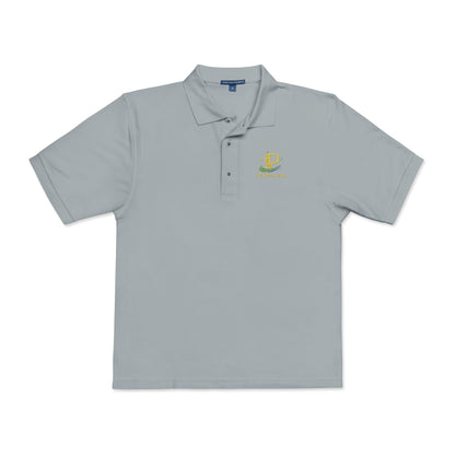Embroidered Crest Polo Shirt with lightweight pique fabric, flat knit collar, metal buttons, and subtle chest logo for casual and office wear