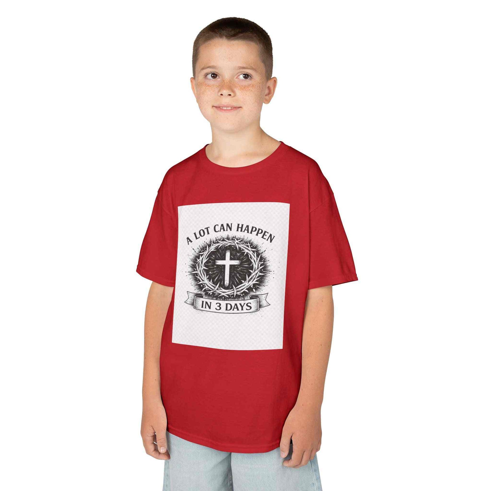 Kids tee with vintage Christian cross and "A Lot Can Happen in 3 Days" design on soft midweight cotton