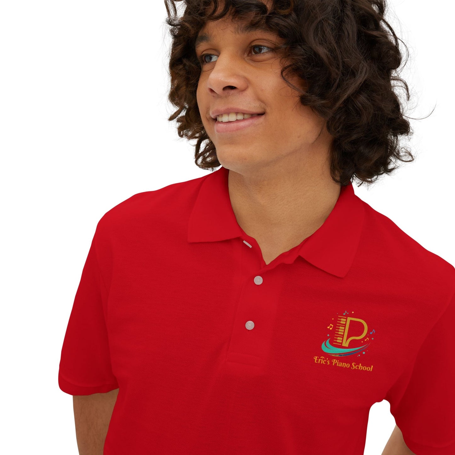 Men's custom piqué polo shirt with subtle Coastal Coffee Logo embroidery on chest