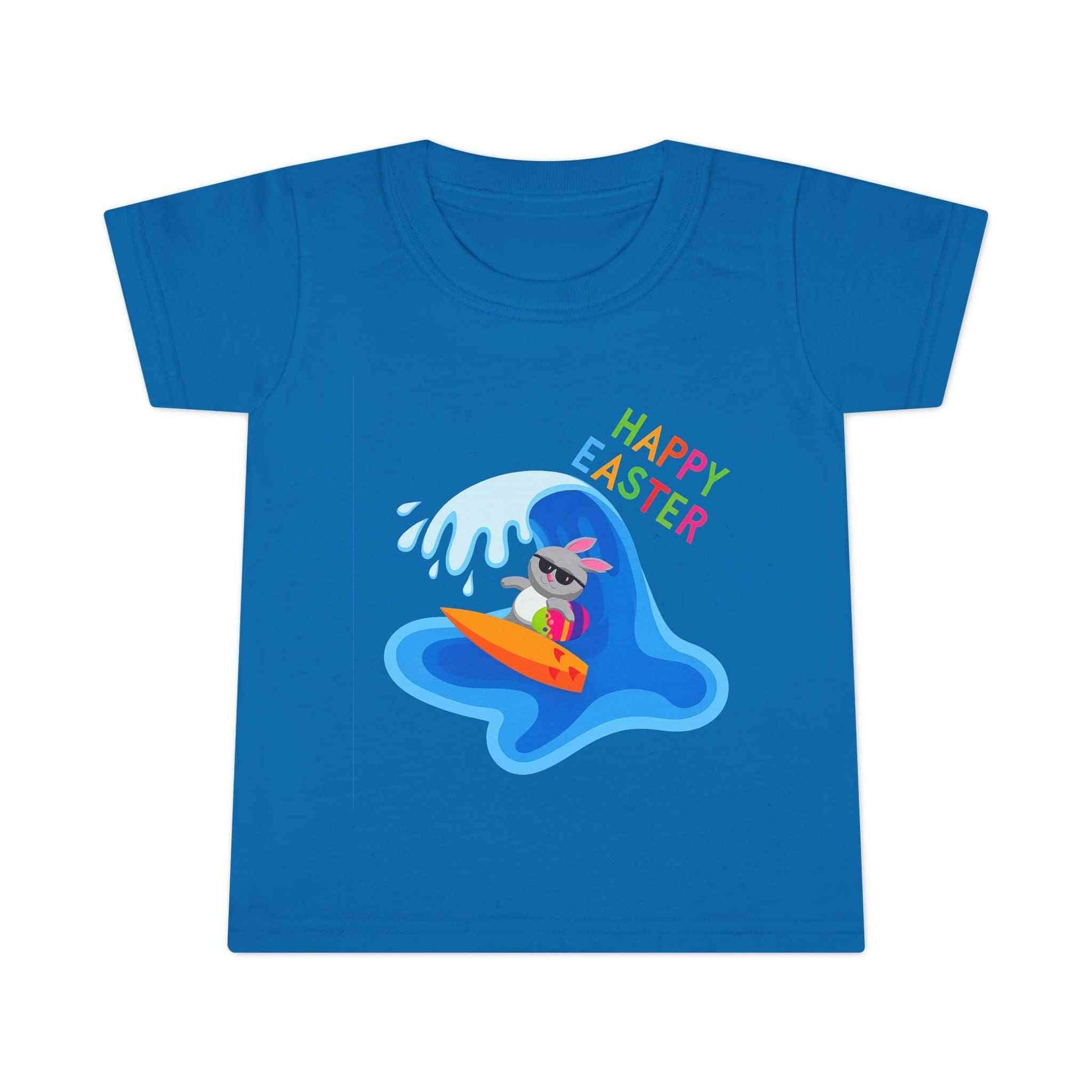 Toddler Happy Easter Surf Bunny Shirt with beach bunny graphic and rainbow text