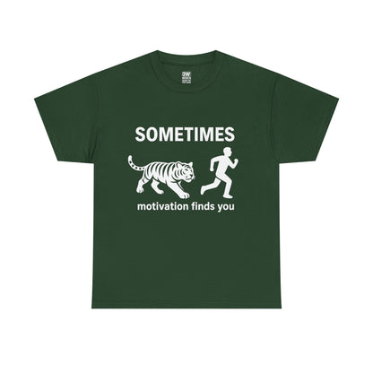 Funny Motivation T-Shirt – “Sometimes Motivation Finds You” Tiger Chase Running Tee for Fitness & Gym Lovers