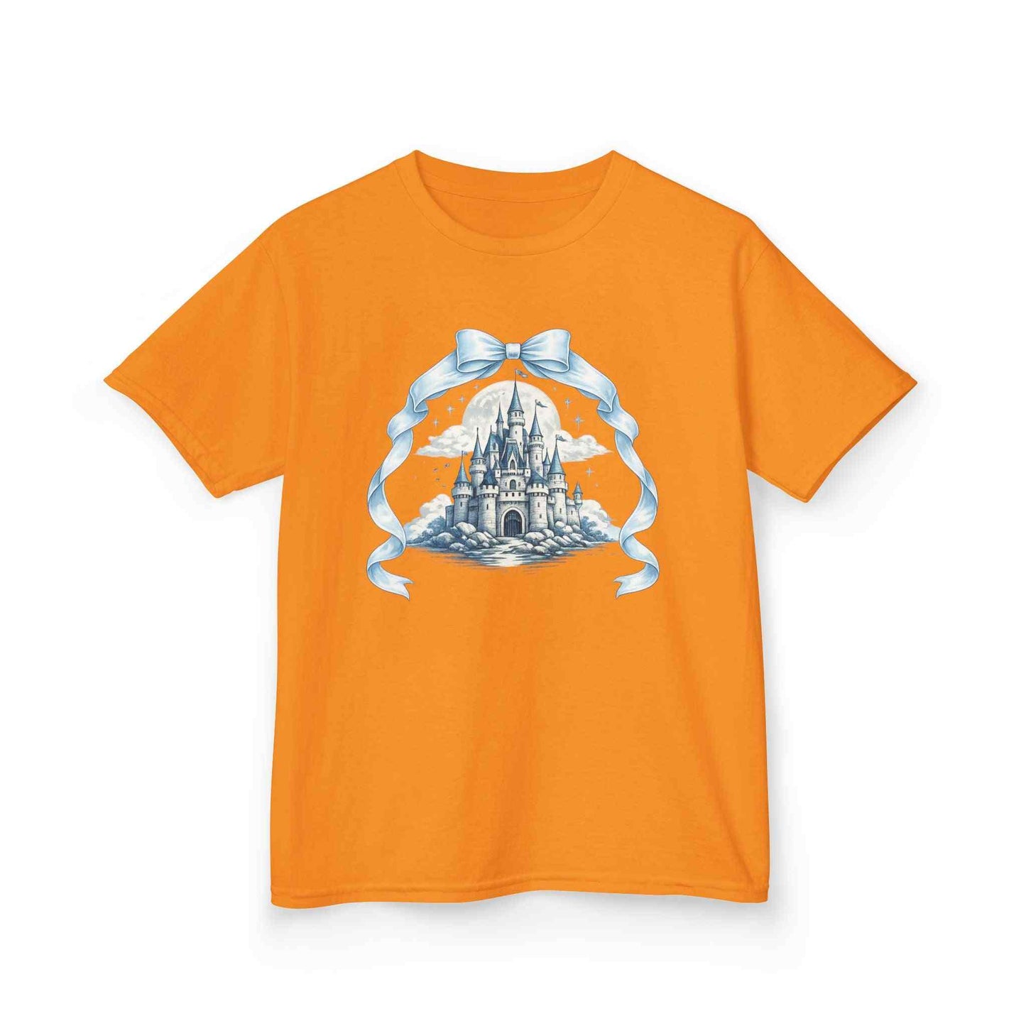 Blue Kids Castle T-shirt with whimsical fairytale design for children, soft cotton fabric