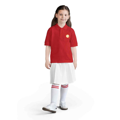 Eric's Piano School youth gold polo shirt with logo and contoured collar for kids music lessons