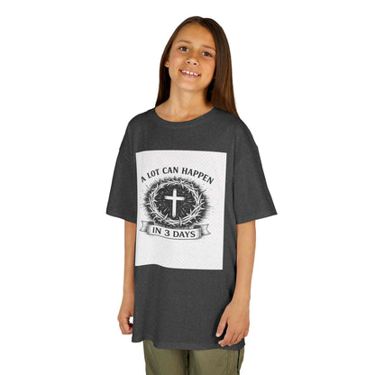 Kids Tee featuring vintage Christian cross and "A Lot Can Happen in 3 Days" faith design on soft, breathable cotton shirt