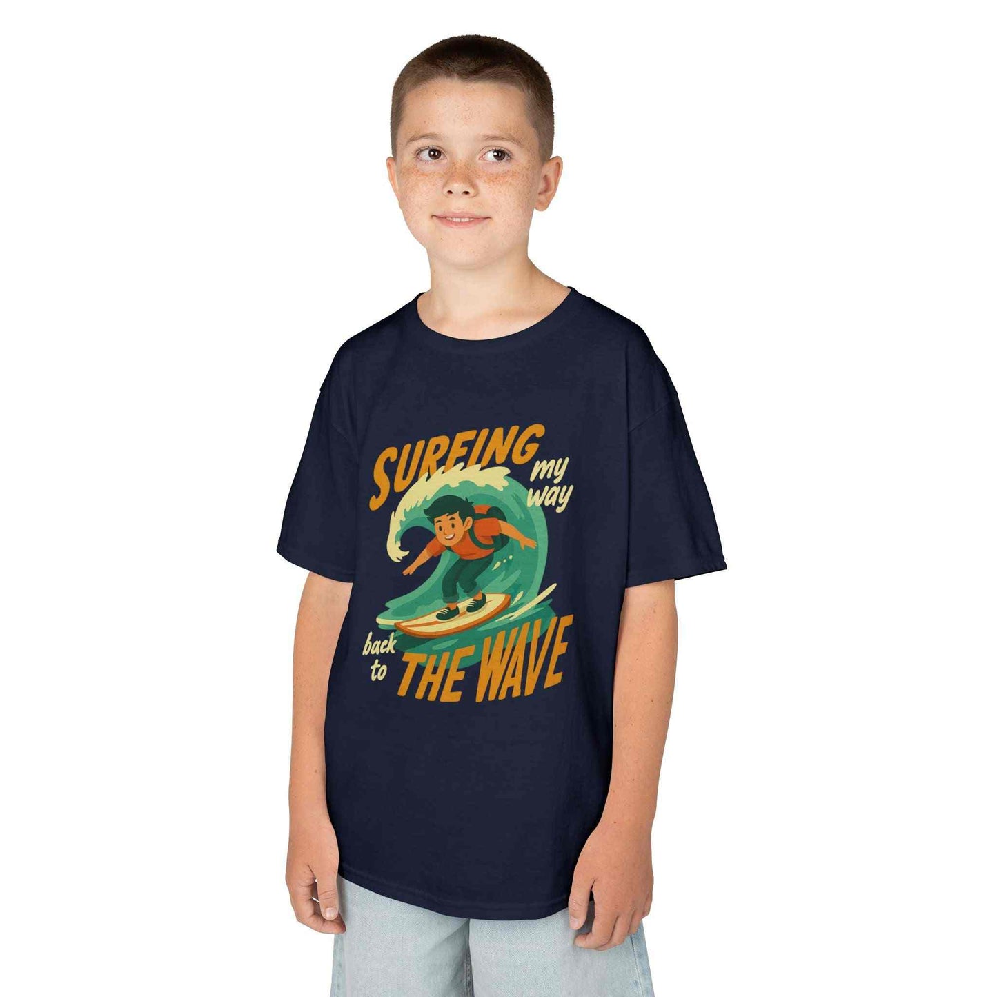 Surfing The Wave Kids T-Shirt with retro surf graphic and vibrant colors on soft cotton for boys and girls