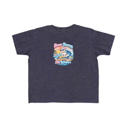 Some Bunny Loves The Wave surfing bunny Easter T-shirt with pastel eggs and sunset wave design