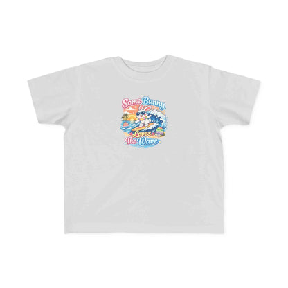 Cute surfing bunny Easter T-shirt with pastel eggs and sunset wave for school and beach spring celebrations