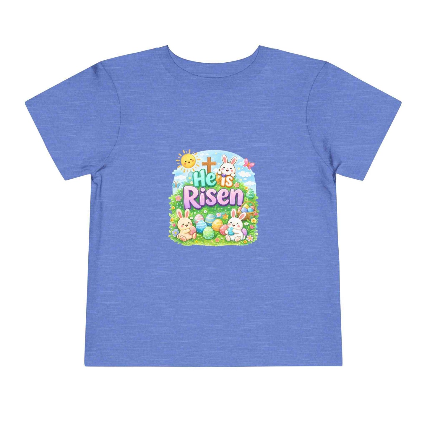 He Is Risen toddler tee with Easter bunny, cross, and pastel eggs design for kids