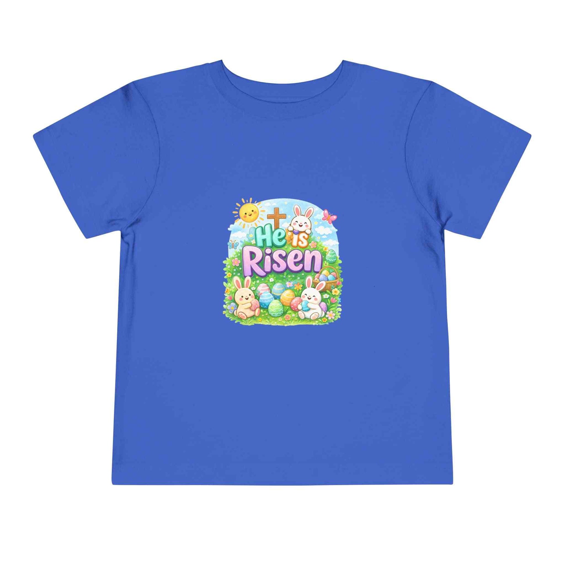 He Is Risen toddler tee with Easter bunny, cross, and pastel eggs design on soft lightweight fabric