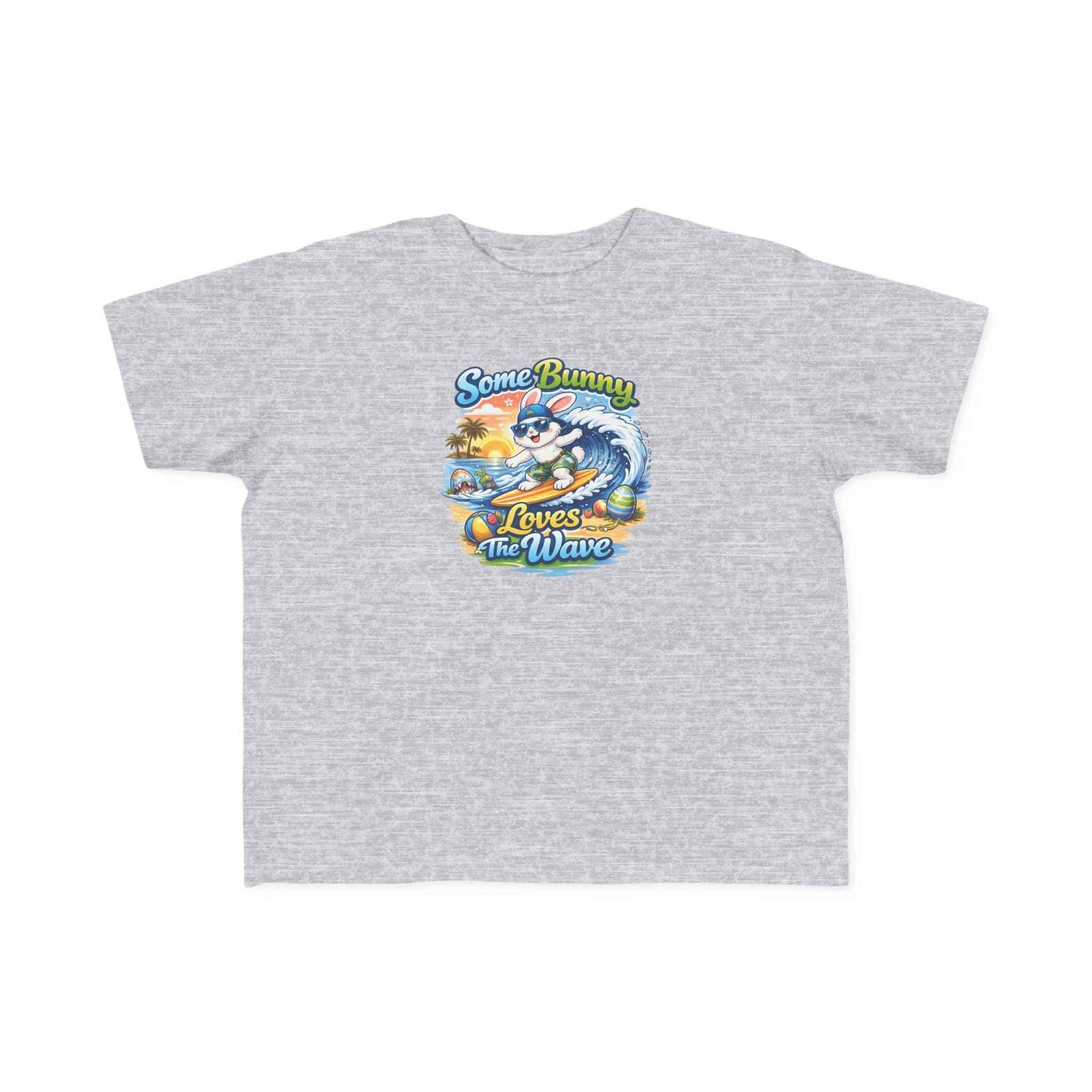 Toddler tee with cheerful surf bunny graphic and lightweight cotton, perfect for beach play – Some Bunny Loves The Wave design.