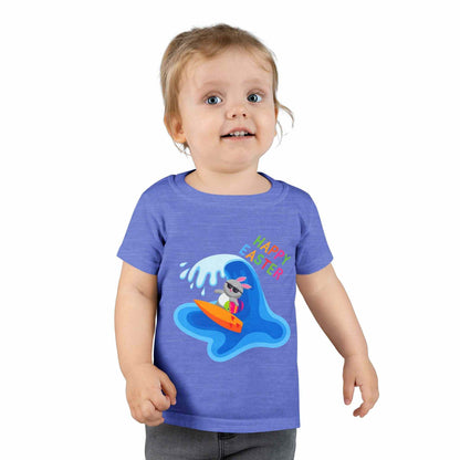 Toddler boy's Happy Easter Surf Bunny shirt with colorful beach bunny graphic and rainbow text
