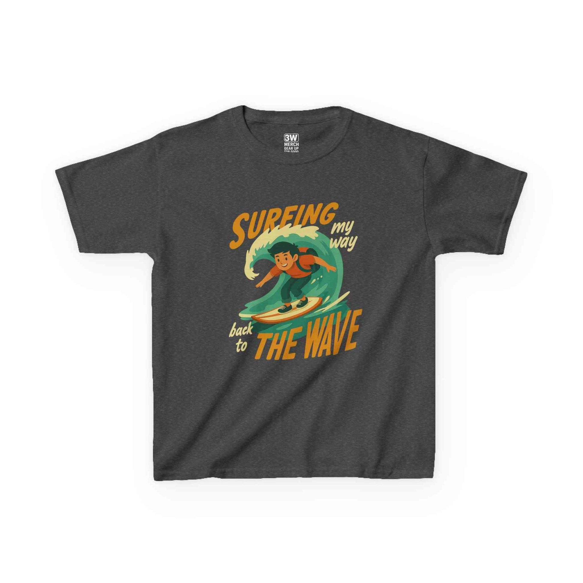 Kids Surfing The Wave T-Shirt with retro surfer graphic and vibrant colors