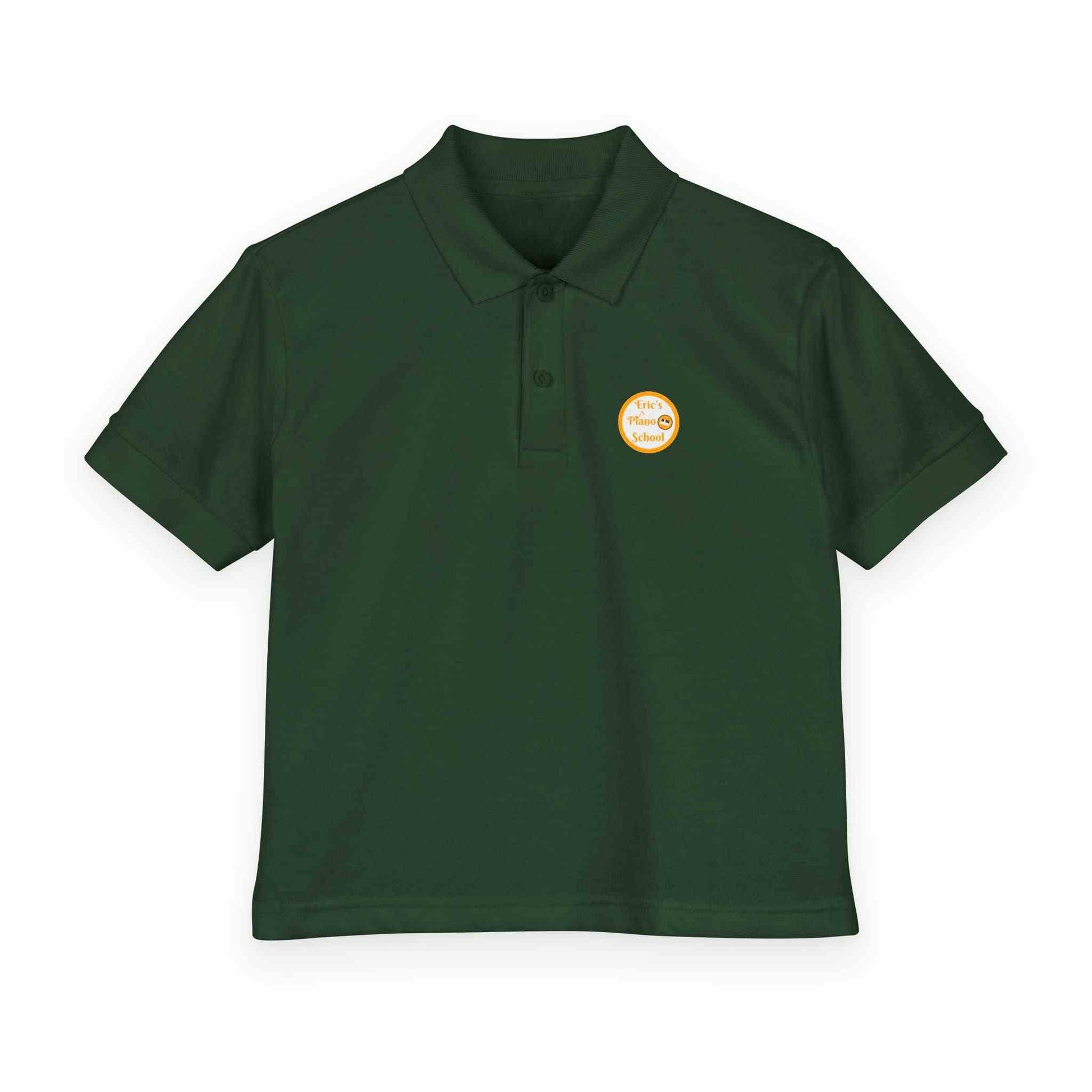 Eric's Piano School youth polo shirt with gold logo, moisture-wicking fabric, and classic collar for active kids
