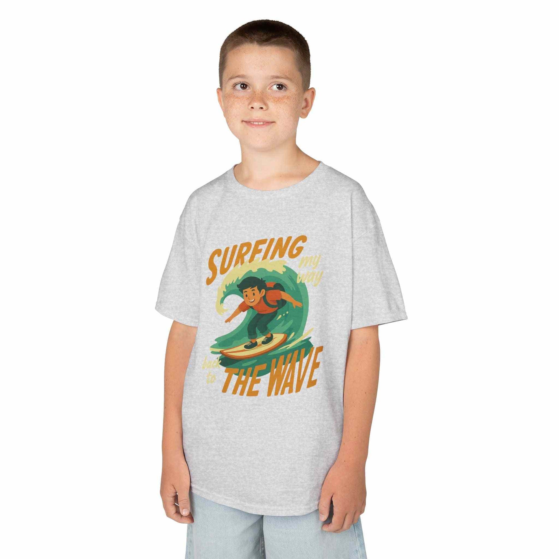 Kids Surfing The Wave T-Shirt with retro surfer graphic and vibrant colors on soft cotton fabric