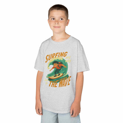 Kids Surfing The Wave T-Shirt with retro surfer graphic and vibrant colors on soft cotton fabric