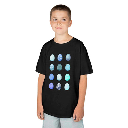 Kids tee with blue watercolor egg pattern on white cotton fabric