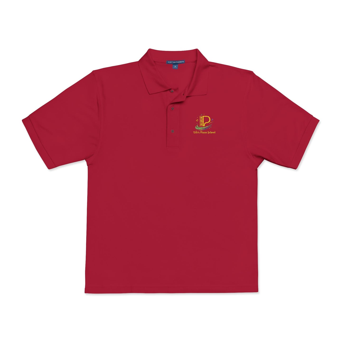 Lightweight embroidered crest polo shirt with flat knit collar, metal buttons, and breathable side vents.