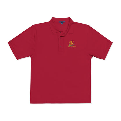 Lightweight embroidered crest polo shirt with flat knit collar, metal buttons, and breathable side vents.