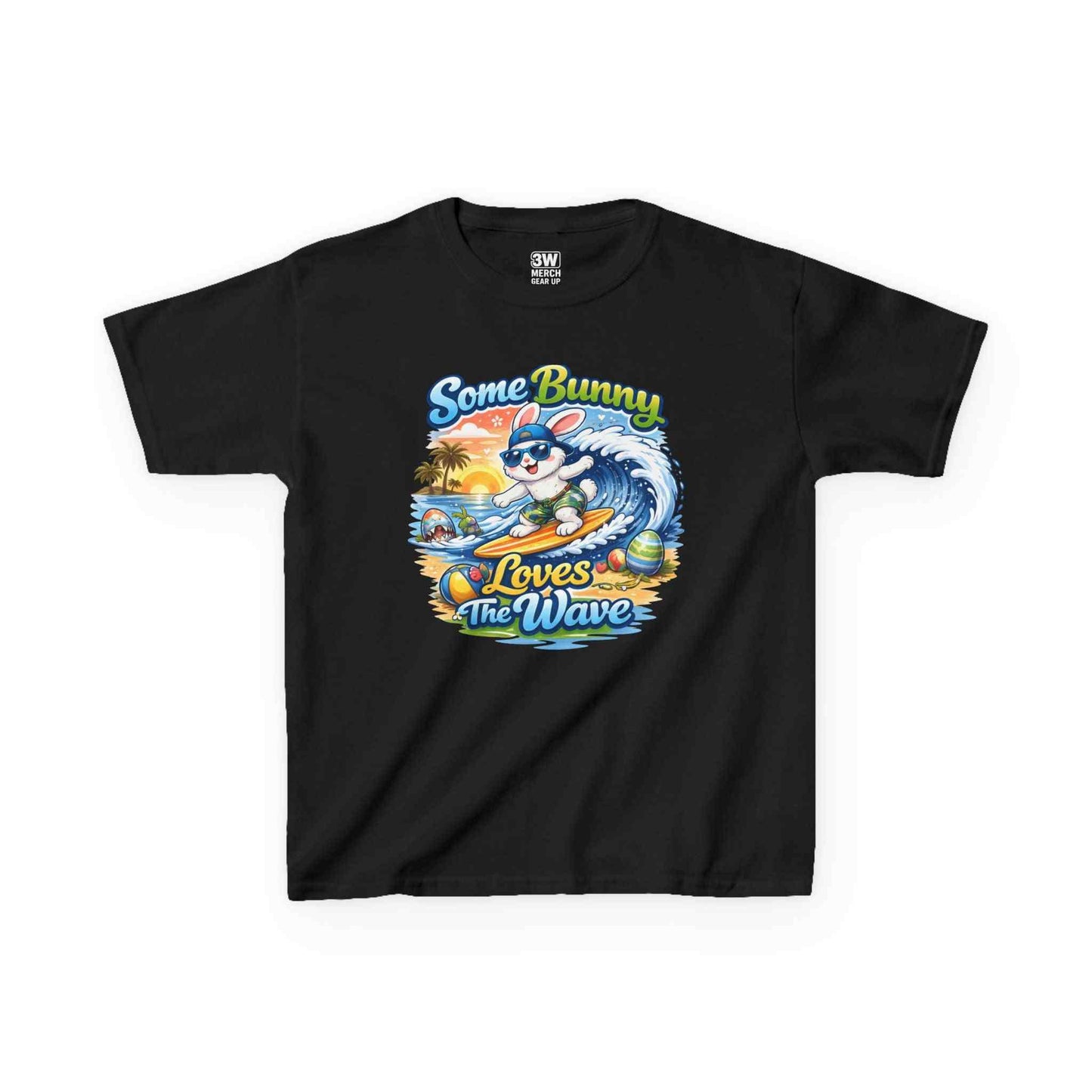 Youth boy's t-shirt with Some Bunny Loves The Wave surfing bunny Easter design in pastel colors