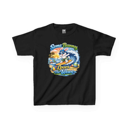 Youth boy's t-shirt with Some Bunny Loves The Wave surfing bunny Easter design in pastel colors