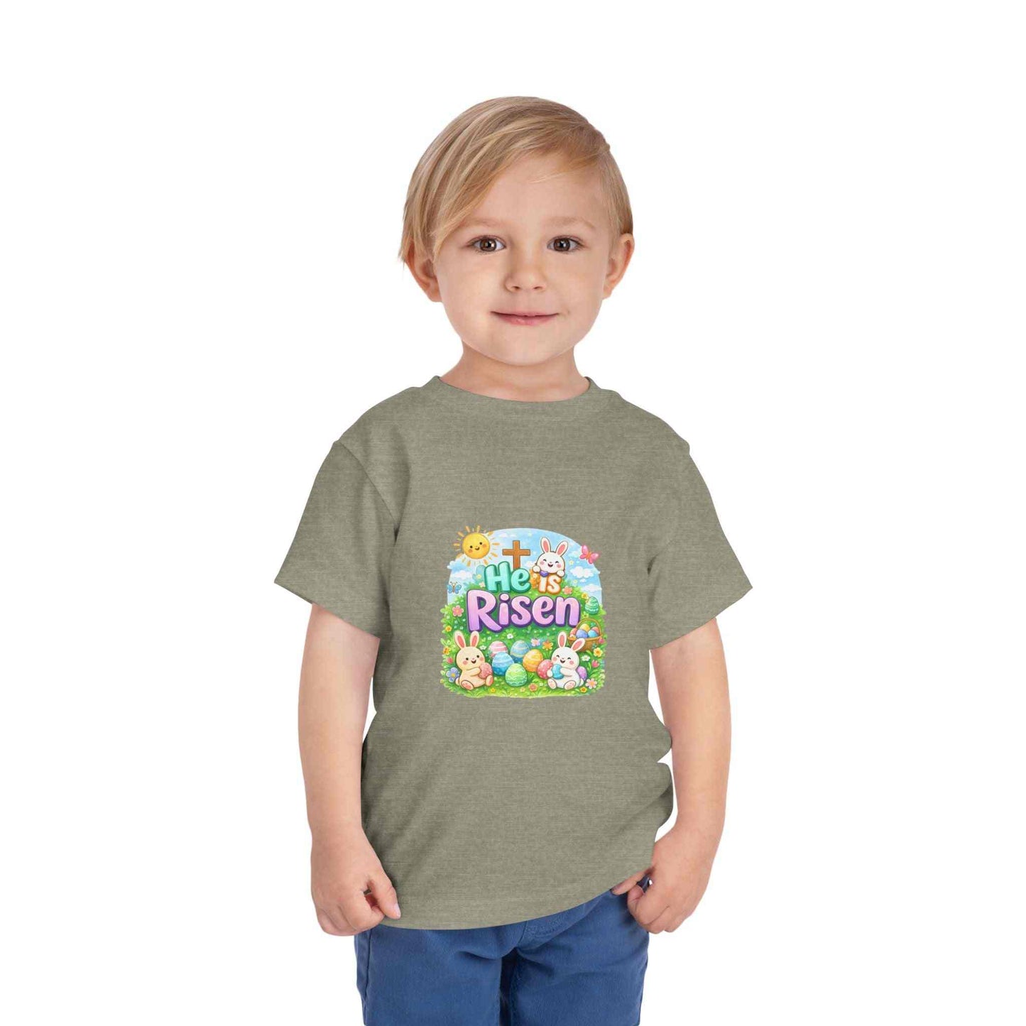 He Is Risen toddler tee with Easter bunny and cross design for kids