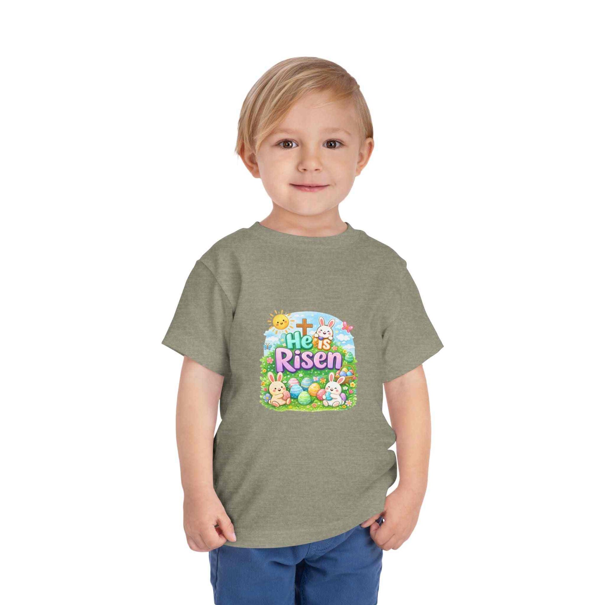 He Is Risen toddler tee with Easter bunny and cross design for kids