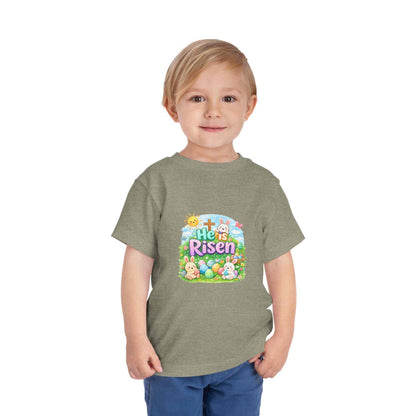 He Is Risen toddler tee with Easter bunny and cross design for kids
