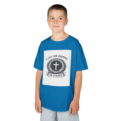Kids Tee with vintage Christian cross and "A Lot Can Happen in 3 Days" design on soft, breathable cotton
