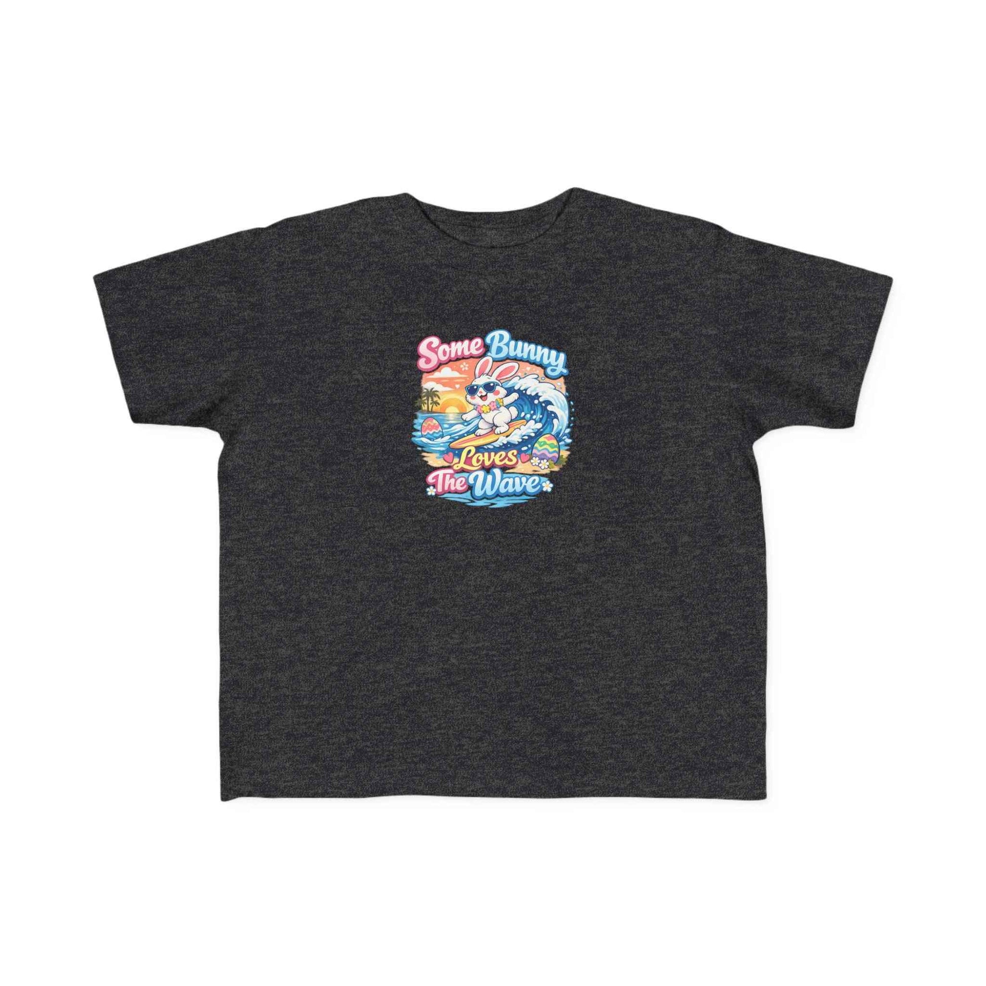 Youth girl Easter T-shirt with surfing bunny and pastel sunset wave design titled Some Bunny Loves The Wave
