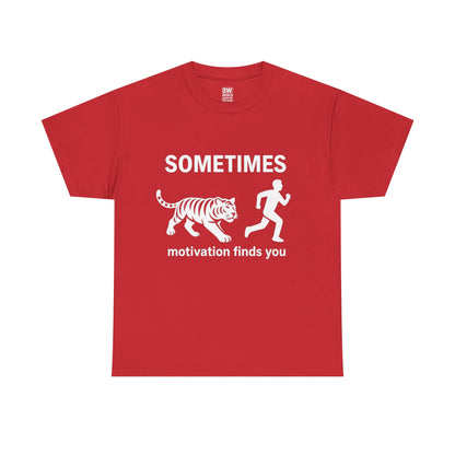 Funny Motivation T-Shirt – “Sometimes Motivation Finds You” Tiger Chase Running Tee for Fitness & Gym Lovers