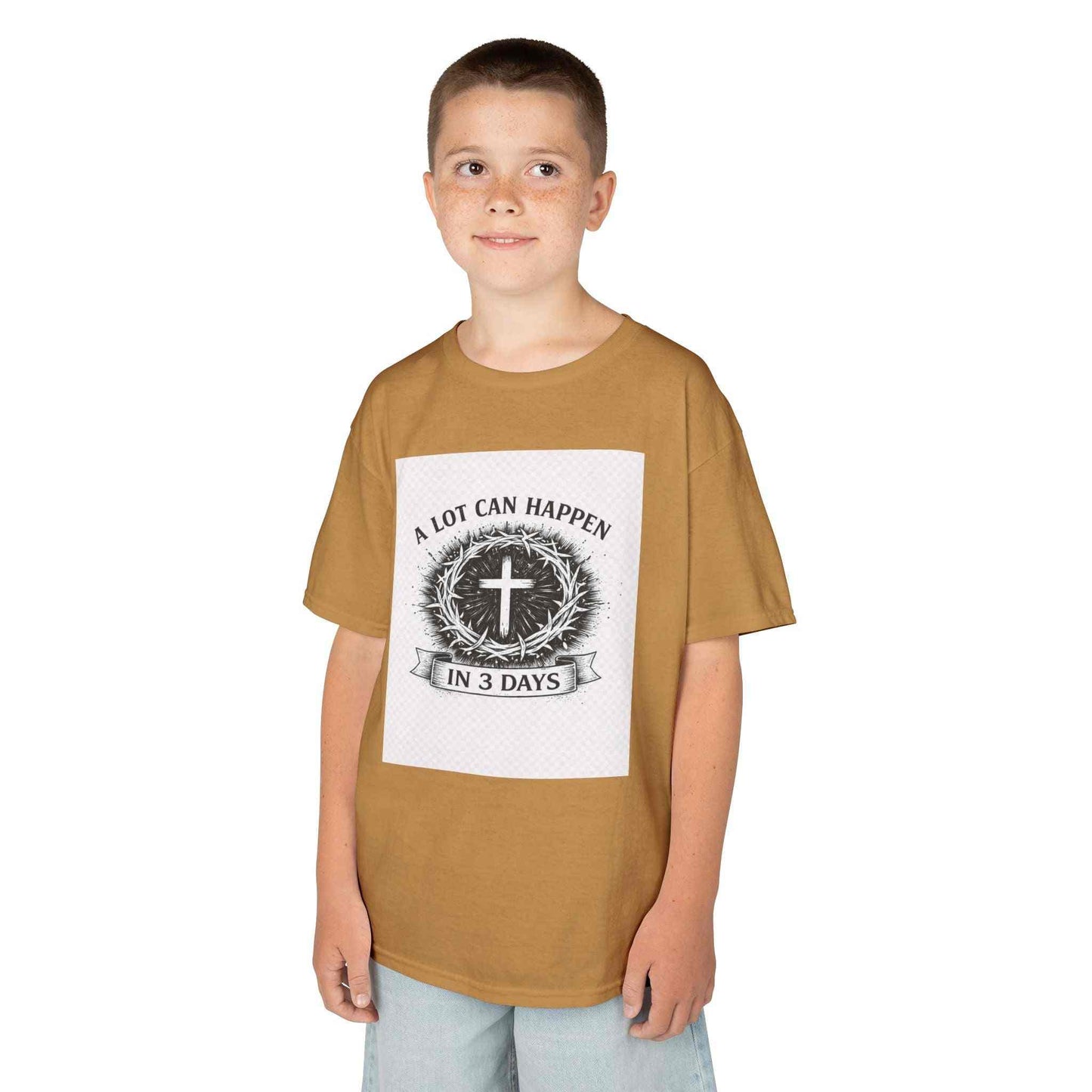 Kids tee with vintage cross and "A Lot Can Happen in 3 Days" faith design on soft breathable cotton
