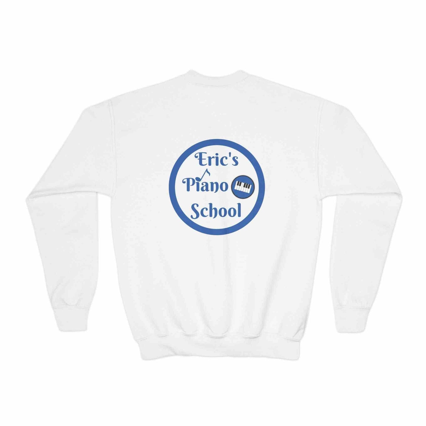 Youth sweatshirt with embroidered piano school emblem, cozy oversized crewneck for young music learners