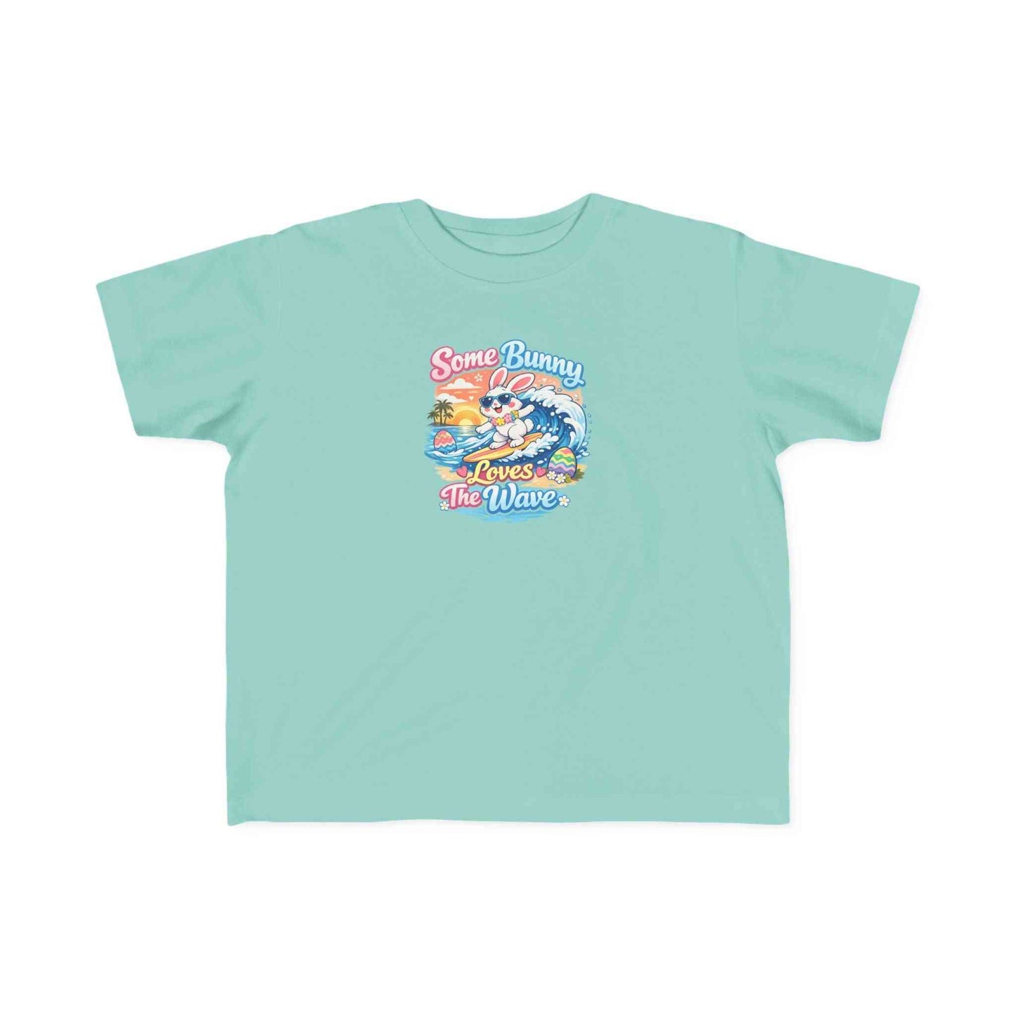 Surfing bunny with pastel Easter eggs and sunset wave on Some Bunny Loves The Wave Easter T-shirt