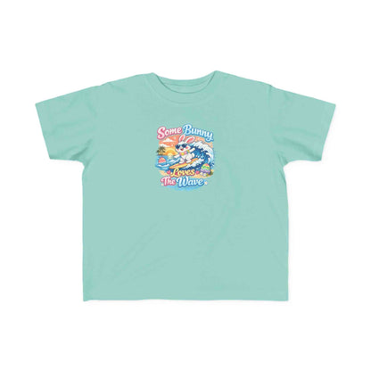Surfing bunny with pastel Easter eggs and sunset wave on Some Bunny Loves The Wave Easter T-shirt