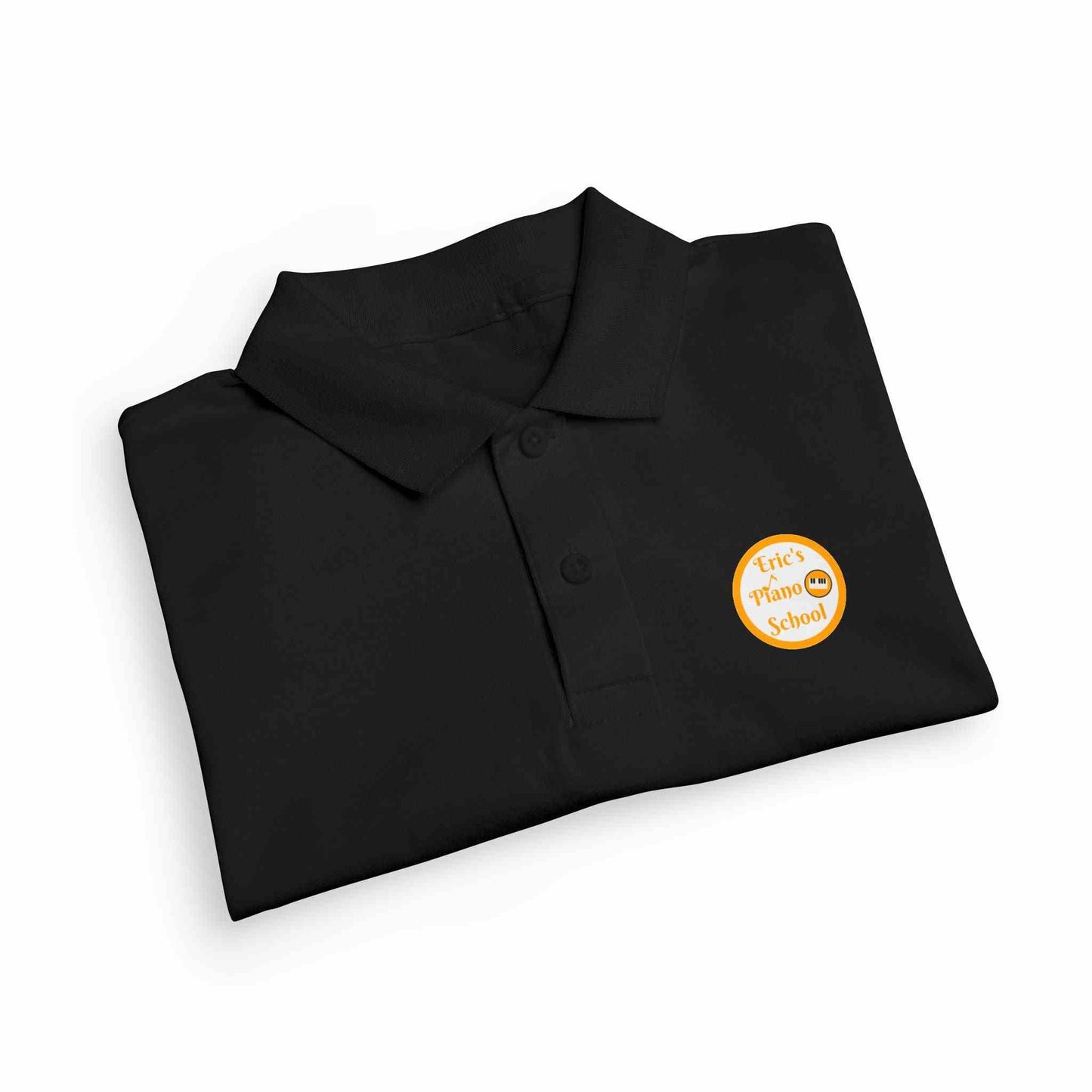 Youth polo shirt with gold Eric's Piano School logo, moisture-wicking fabric, and classic collar design for kids' music lessons