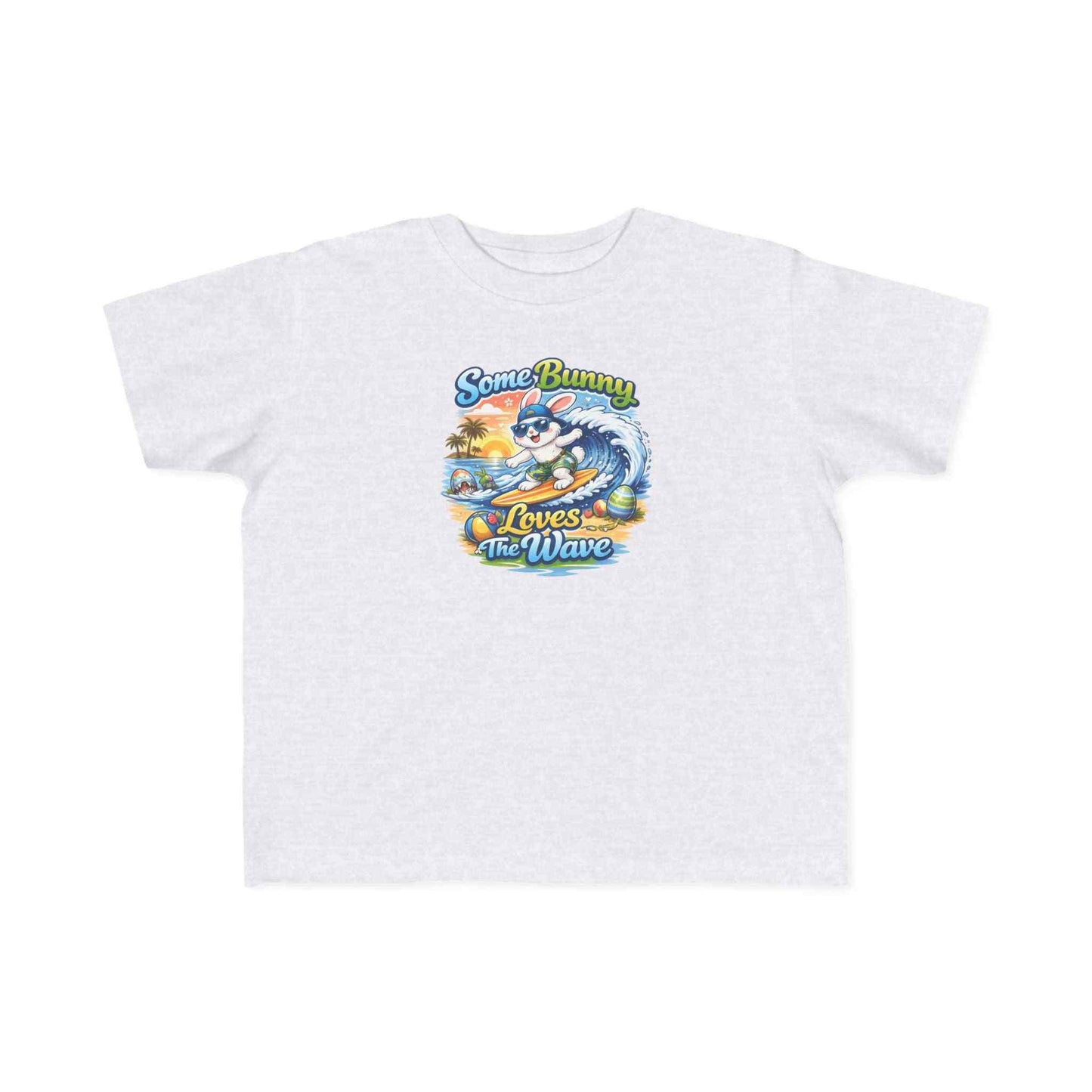 Toddler tee with surf bunny graphic and "Some Bunny Loves The Wave" text, soft cotton beach shirt for kids