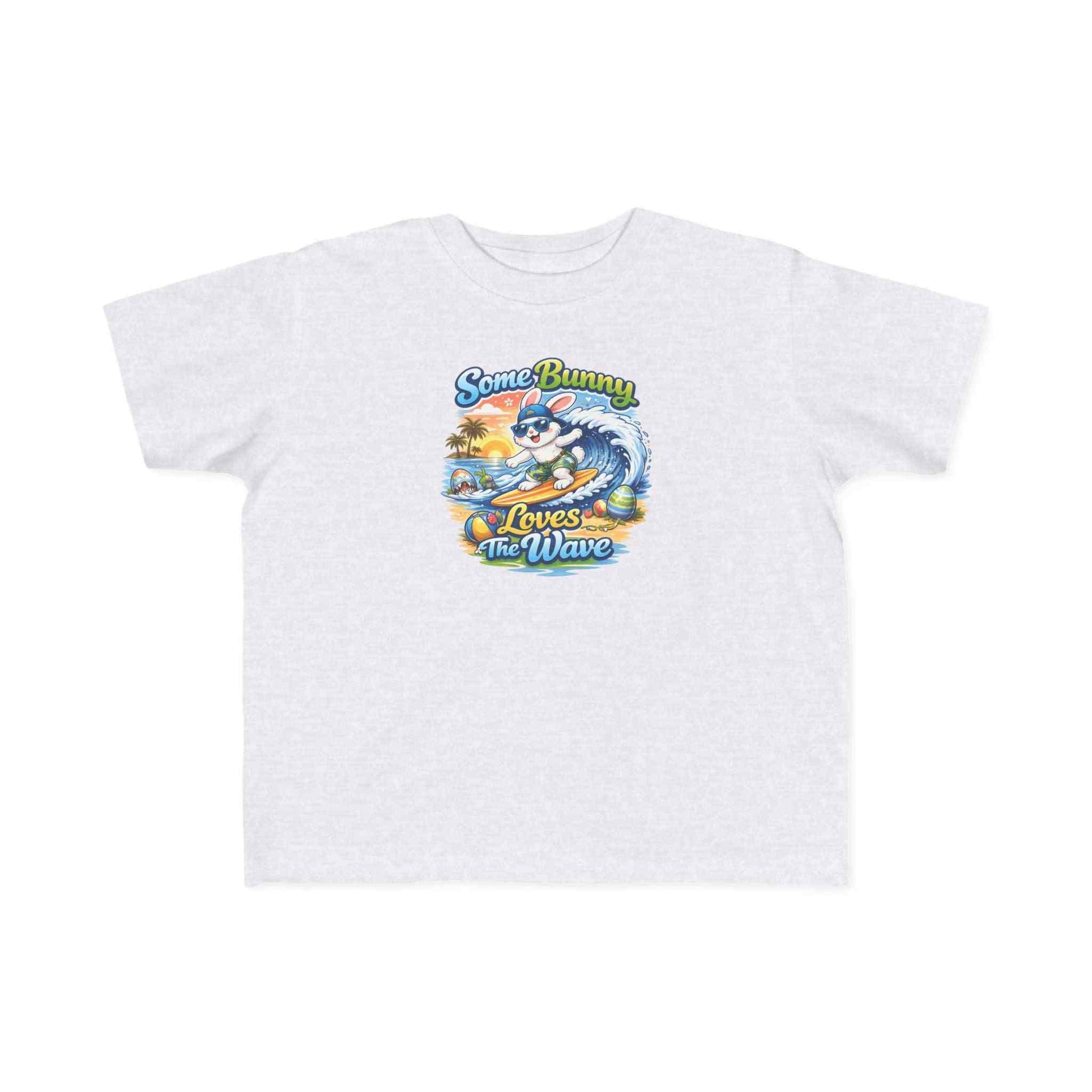 Toddler tee with surf bunny graphic and "Some Bunny Loves The Wave" text, soft cotton beach shirt for kids