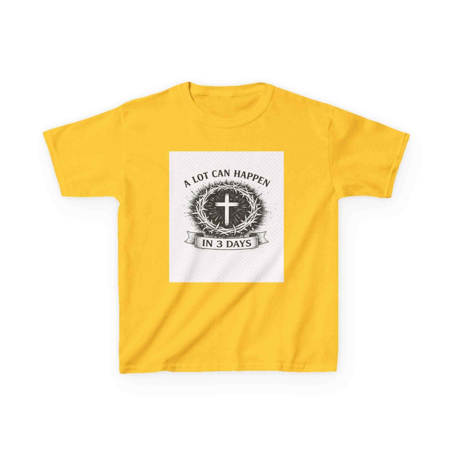 Kids tee with vintage cross and "A Lot Can Happen in 3 Days" design on soft midweight cotton