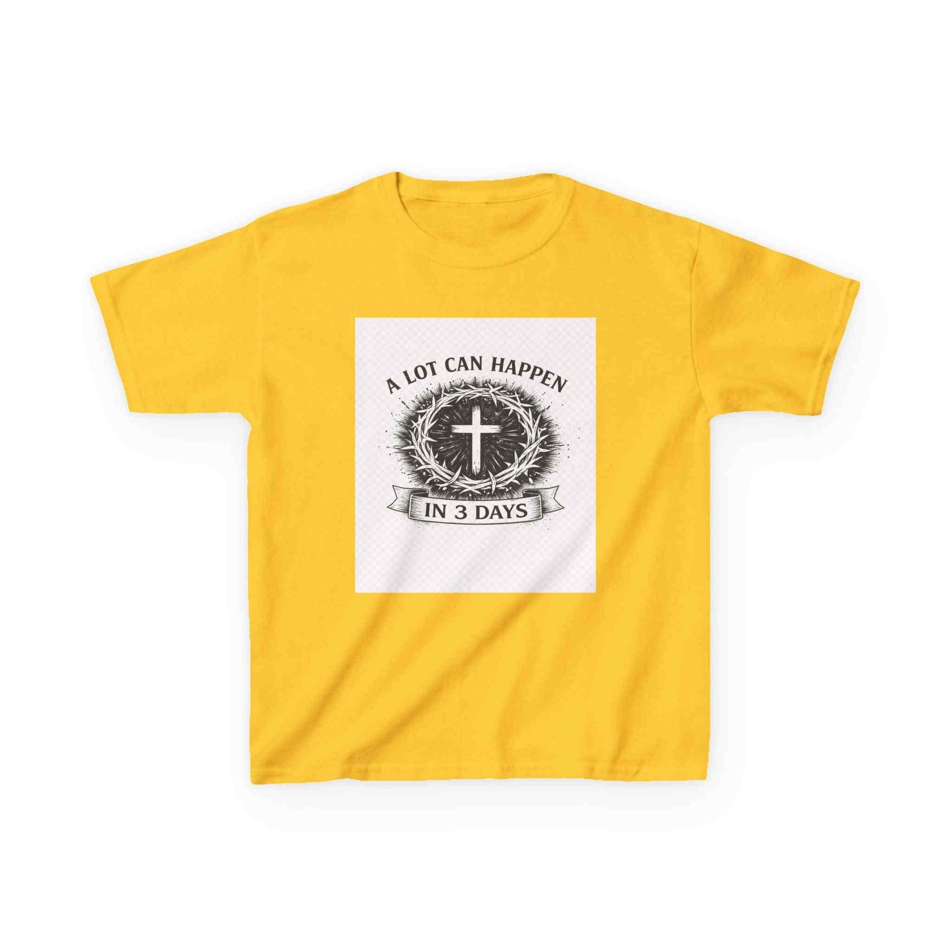 Kids tee with vintage cross and "A Lot Can Happen in 3 Days" design on soft midweight cotton