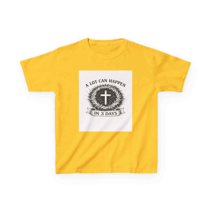 Kids tee with vintage cross and "A Lot Can Happen in 3 Days" design on soft midweight cotton