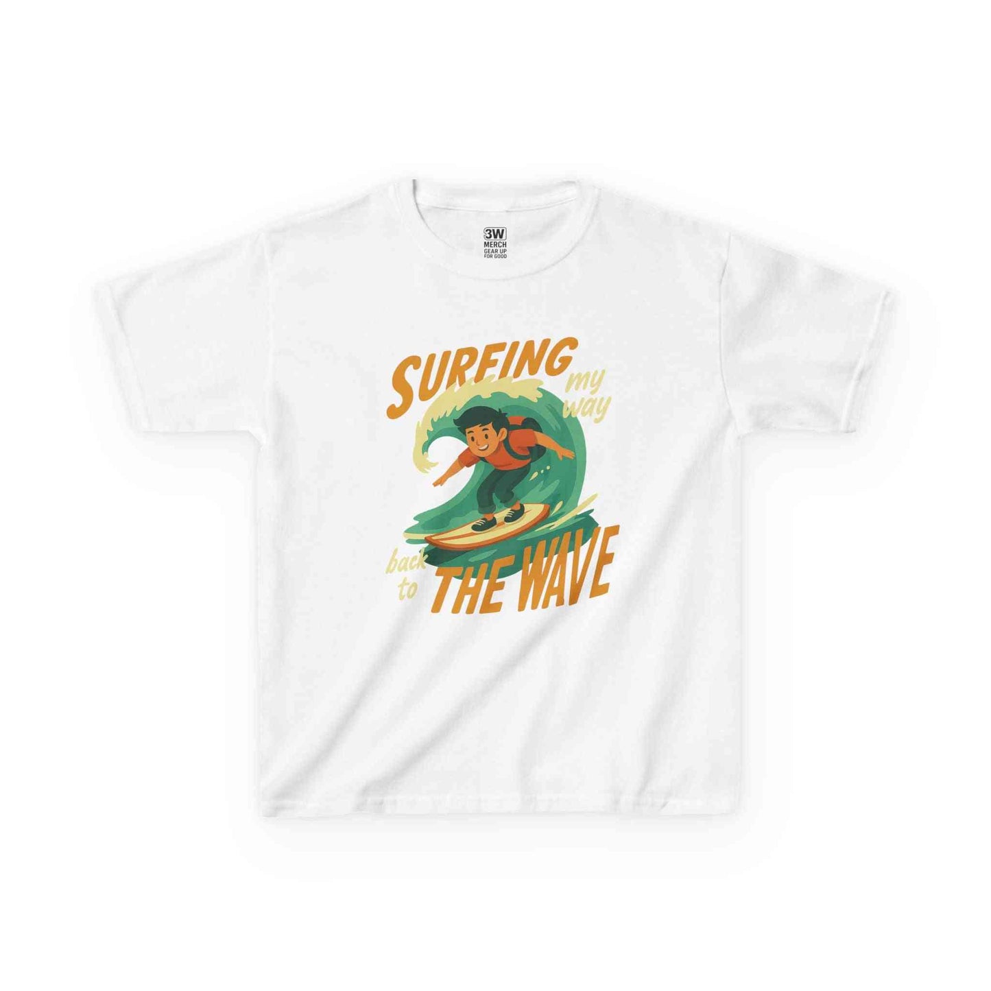 Kids Surfing The Wave T-Shirt with retro surf graphic, soft cotton, and trendy beach style