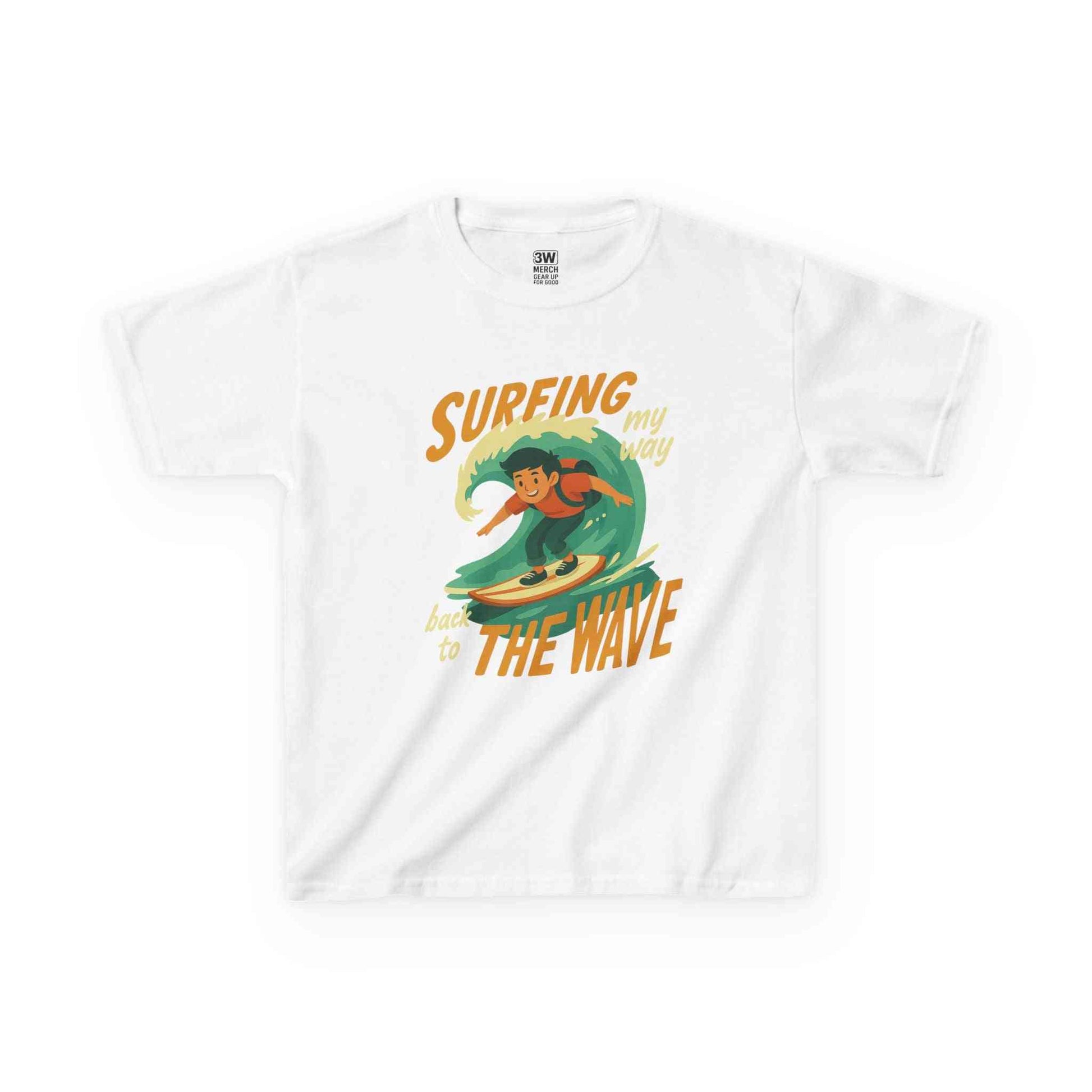 Kids Surfing The Wave T-Shirt with retro surf graphic, soft cotton, and trendy beach style