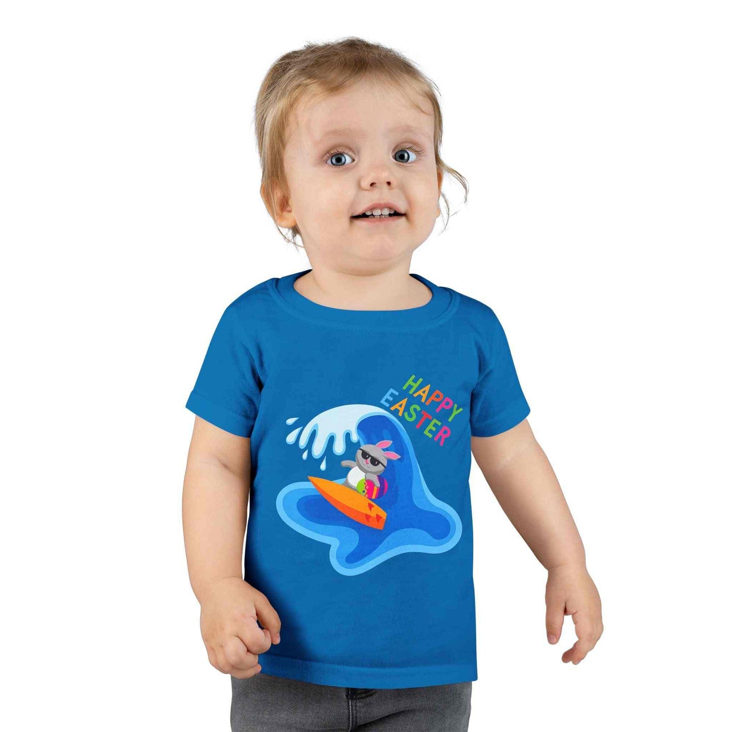 Toddler Happy Easter Surf Bunny Shirt with beach bunny graphic and rainbow text