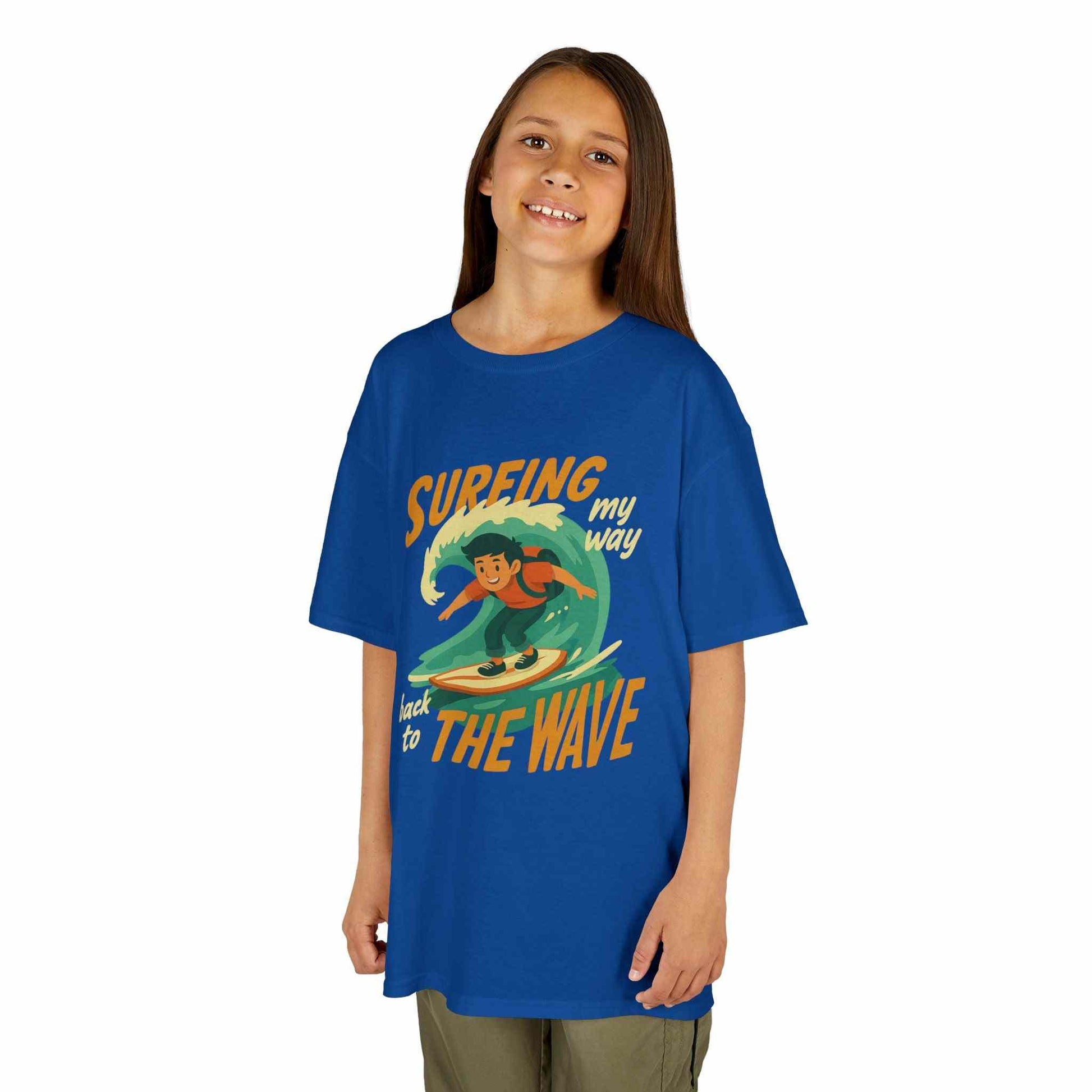 Kids Surfing The Wave T-Shirt with retro surfer graphic and vibrant colors on soft cotton fabric