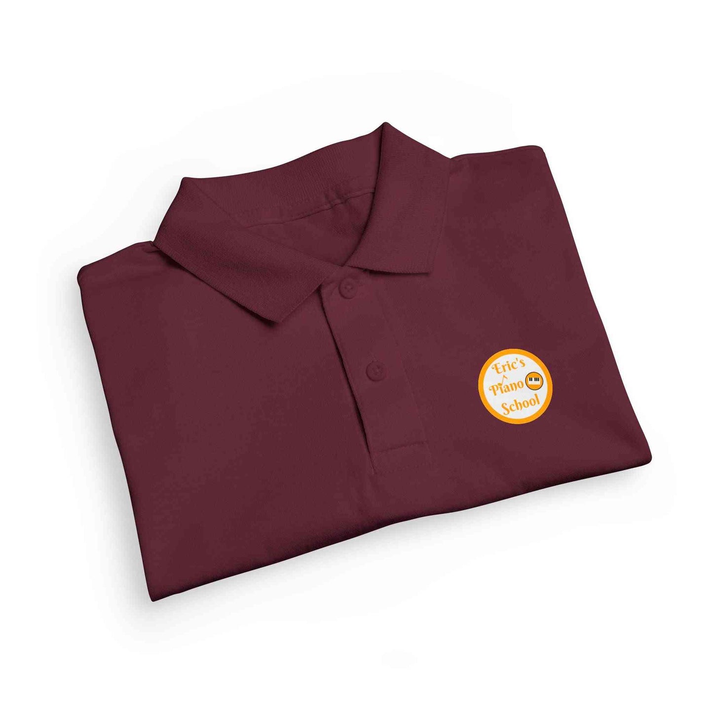 Youth polo shirt with gold Eric's Piano School logo, moisture-wicking fabric, and classic collar for active kids.