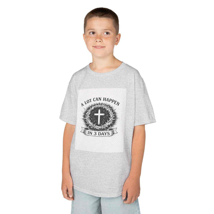 Kids tee with vintage cross and "A Lot Can Happen in 3 Days" faith-inspired design on soft cotton