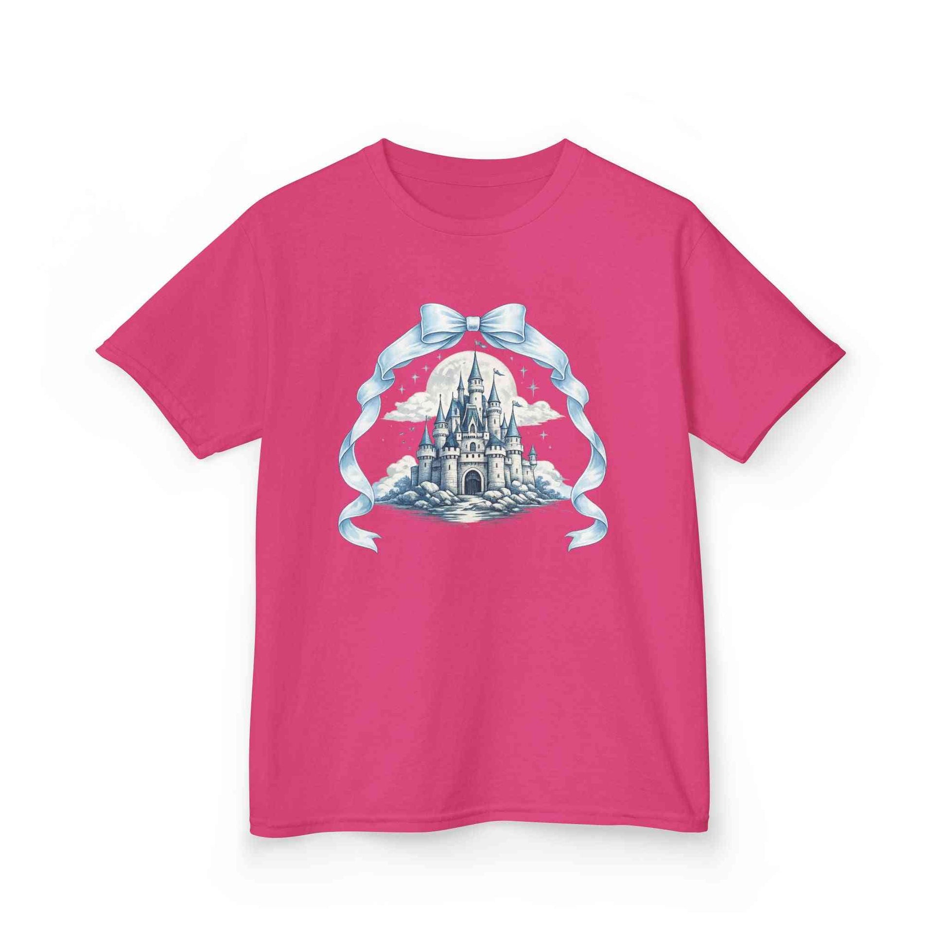 Blue Kids Castle T-shirt with whimsical fairytale design for children, soft cotton tee