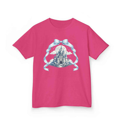 Blue Kids Castle T-shirt with whimsical fairytale design for children, soft cotton tee